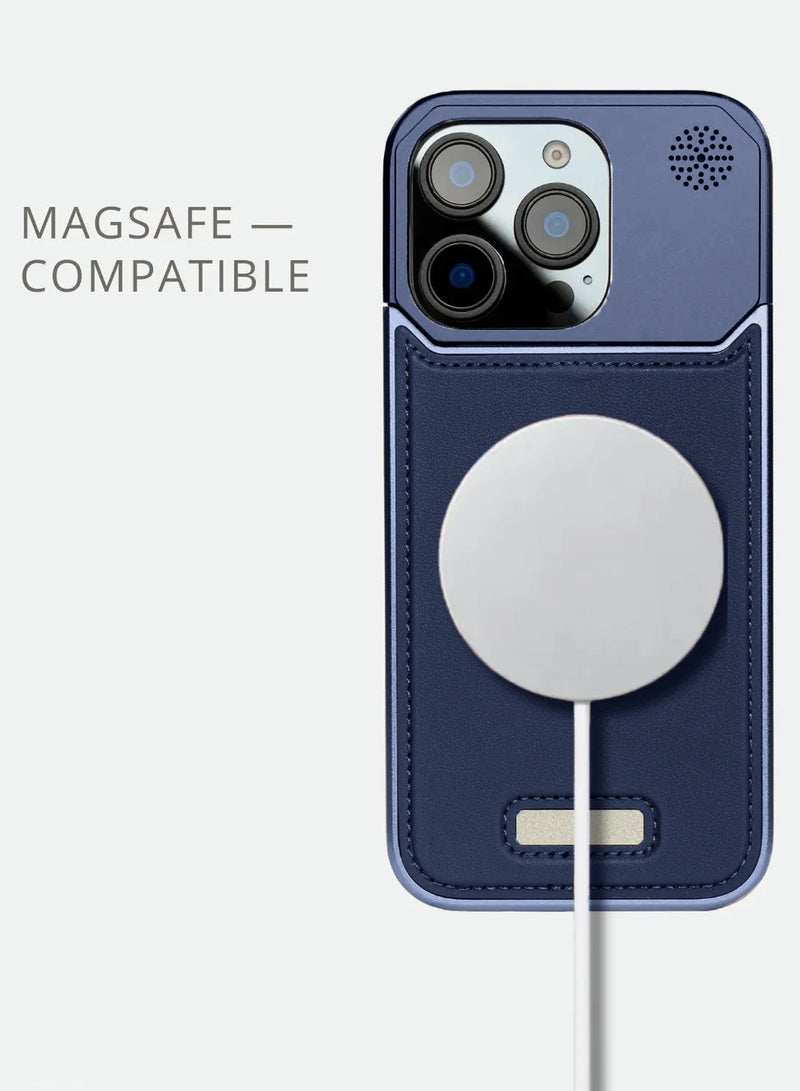 Wtech Apple iPhone 16 Pro 5G 2024 Metal Frameless Case Metallic Vegan Leather Magsafe Support Hard Case Cover (MCMPMN) - Navy Blue - Image 3