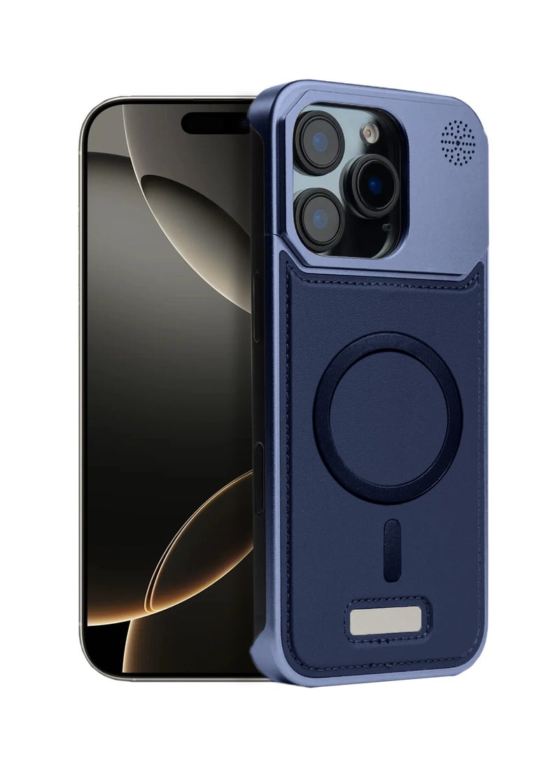 Wtech Apple iPhone 16 Pro 5G 2024 Metal Frameless Case Metallic Vegan Leather Magsafe Support Hard Case Cover (MCMPMN) - Navy Blue - Image 1