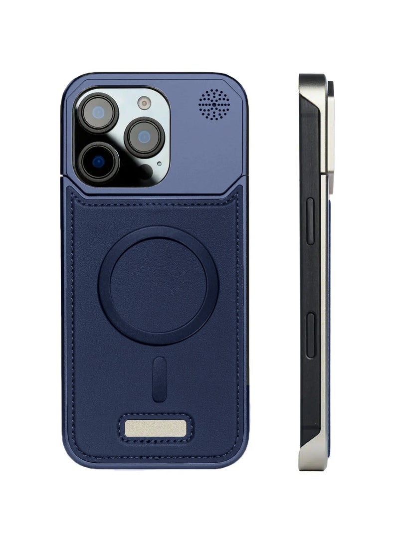 Wtech Apple iPhone 16 Pro 5G 2024 Metal Frameless Case Metallic Vegan Leather Magsafe Support Hard Case Cover (MCMPMN) - Navy Blue - Image 2