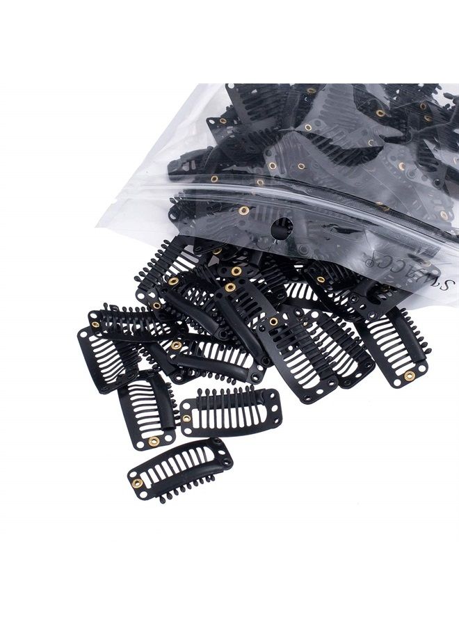 SWACC 100 Pcs U Shape Metailic Snap Clips ins for Hair Extension Hairpiece DIY Snap-Comb Wig Clips with Rubber (Black, 9-Teeth 6 Holes) - Image 1
