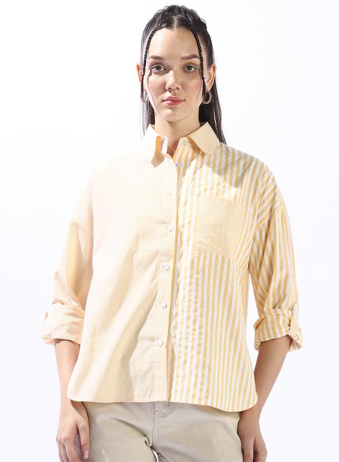 HIGH STAR Women's Yellow 100% Cotton Striped Button Down Oversized Shirt - Image 5