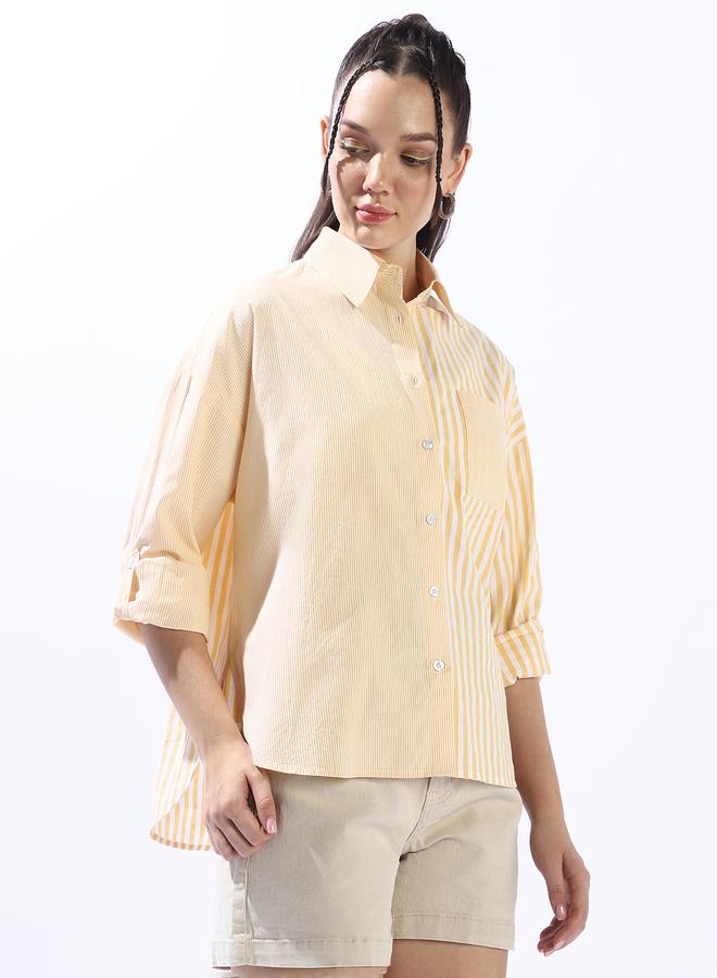 HIGH STAR Women's Yellow 100% Cotton Striped Button Down Oversized Shirt - Image 1