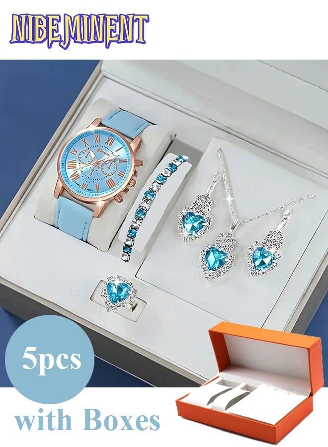 NIBEMINENT Fashionable Watch Set Elegant Women's Sky Blue Roman Quartz PU Faux Leather Watch And 5pcs of Heart Sky Blue Accessories Set Includes Boxes - Image 1