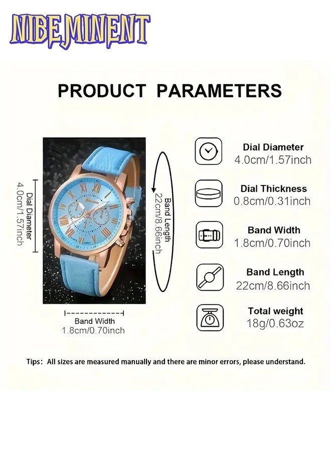 NIBEMINENT Fashionable Watch Set Elegant Women's Sky Blue Roman Quartz PU Faux Leather Watch And 5pcs of Heart Sky Blue Accessories Set Includes Boxes - Image 4