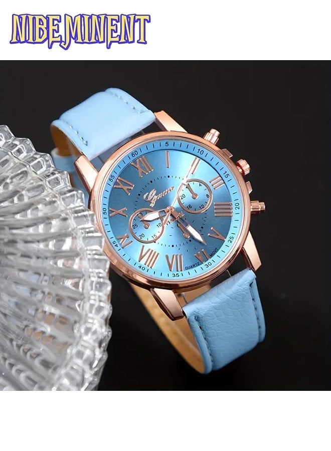 NIBEMINENT Fashionable Watch Set Elegant Women's Sky Blue Roman Quartz PU Faux Leather Watch And 5pcs of Heart Sky Blue Accessories Set Includes Boxes - Image 3