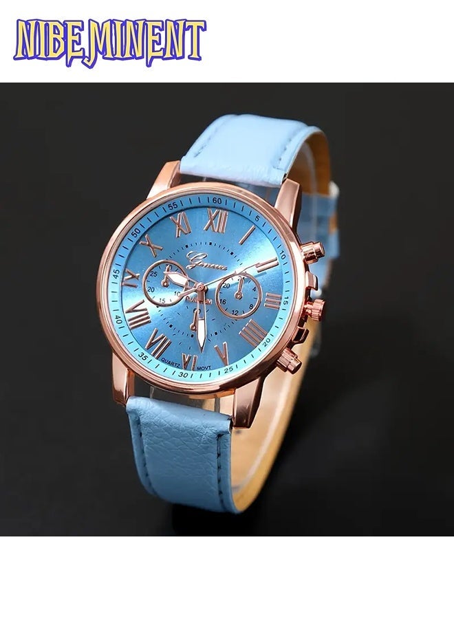 NIBEMINENT Fashionable Watch Set Elegant Women's Sky Blue Roman Quartz PU Faux Leather Watch And 5pcs of Heart Sky Blue Accessories Set Includes Boxes - Image 2