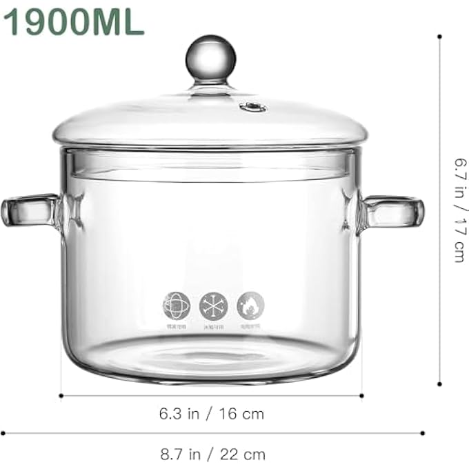 YLmeet Oven Glass Pot With Lid Large Capacity Cooking Pot Transparent Pot With Handle Stovetop Stock Pot Borosilicate Glass Cookware Dishwasher Safe Pots And Pans 1900Ml - Image 3