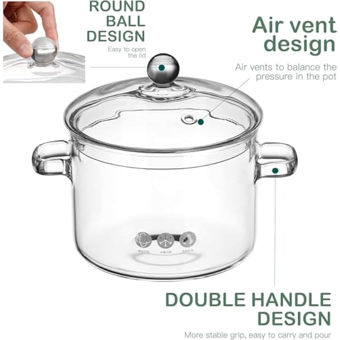 YLmeet Oven Glass Pot With Lid Large Capacity Cooking Pot Transparent Pot With Handle Stovetop Stock Pot Borosilicate Glass Cookware Dishwasher Safe Pots And Pans 1900Ml - Image 4