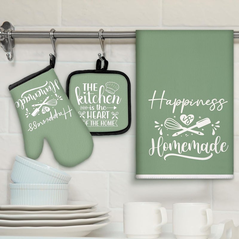 Sratte 6 Pcs Kitchen Decor Accessories Set Farmhouse Towels Pot Holders Oven Mitts Set 2 Dish Towels 2 Potholders 2 Cooking Mittens Oven Glove for Christmas Baking Cooking Supply(Sage Green,Kitchen) - Image 2
