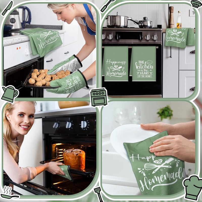 Sratte 6 Pcs Kitchen Decor Accessories Set Farmhouse Towels Pot Holders Oven Mitts Set 2 Dish Towels 2 Potholders 2 Cooking Mittens Oven Glove for Christmas Baking Cooking Supply(Sage Green,Kitchen) - Image 5