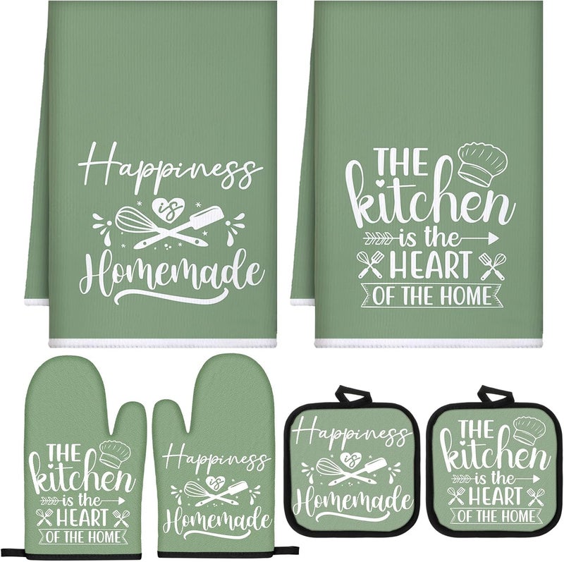 Sratte 6 Pcs Kitchen Decor Accessories Set Farmhouse Towels Pot Holders Oven Mitts Set 2 Dish Towels 2 Potholders 2 Cooking Mittens Oven Glove for Christmas Baking Cooking Supply(Sage Green,Kitchen) - Image 1