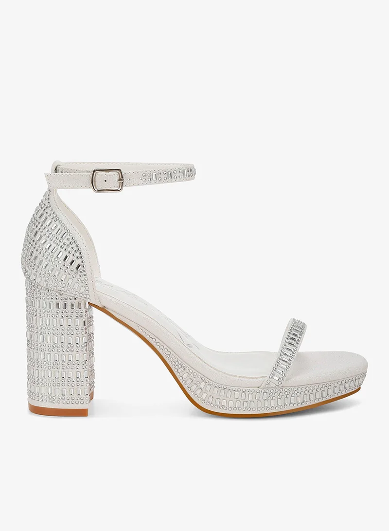 Rhinestones Embellished Block Sandals in White