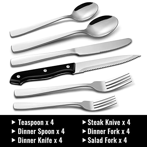 Hiware 24-Piece Silverware Set with Steak Knives, Stainless Steel Flatware Cutlery, Mirror Polished Flatware Serving Utensils Set for 4, Includes Forks Spoons Knives Silverware, Dishwasher Safe - Image 2