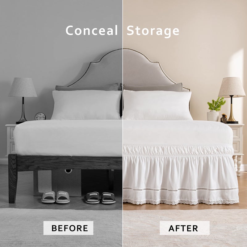MIYE Wrap Around Ruffled Lace Bed Skirt, Elastic Dust Ruffle with Adjustable Belts, Easy to Put On, Bed Frame Cover, Machine Washable (Floral Lace/White, King/Queen-15 Drop) - Image 3