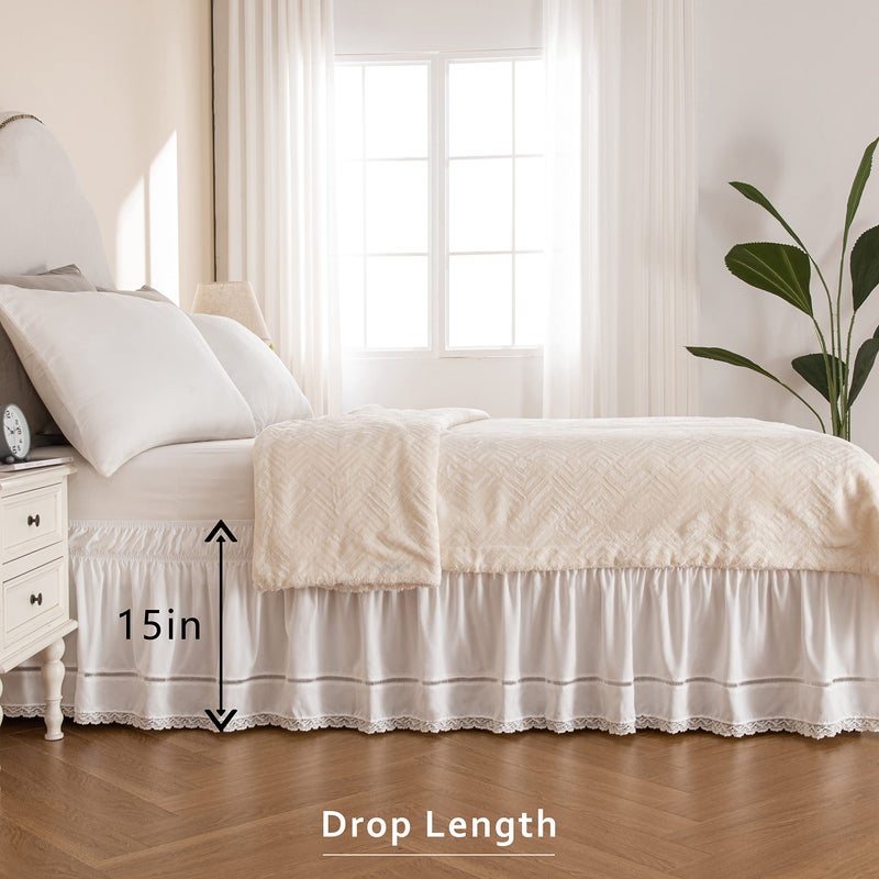 MIYE Wrap Around Ruffled Lace Bed Skirt, Elastic Dust Ruffle with Adjustable Belts, Easy to Put On, Bed Frame Cover, Machine Washable (Floral Lace/White, King/Queen-15 Drop) - Image 4