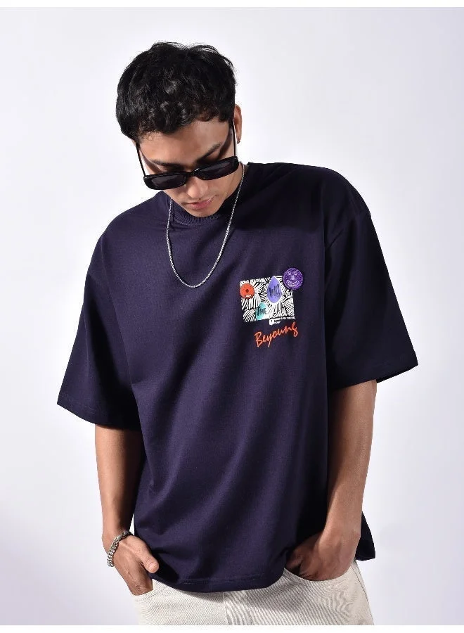 Beyoung Dark Violet Blooming Puff Printed Oversized T-Shirt