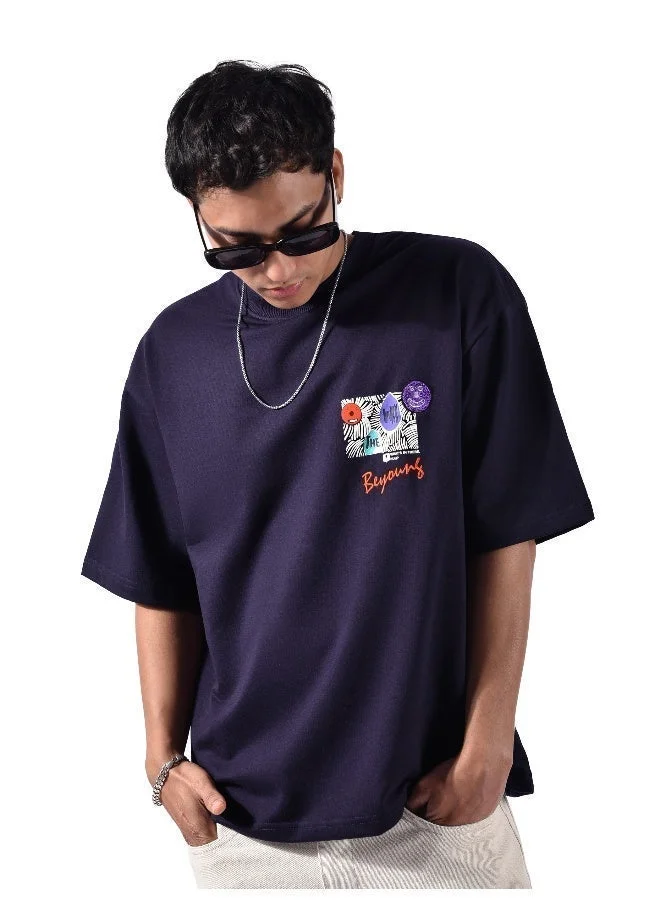 Beyoung Dark Violet Blooming Puff Printed Oversized T-Shirt