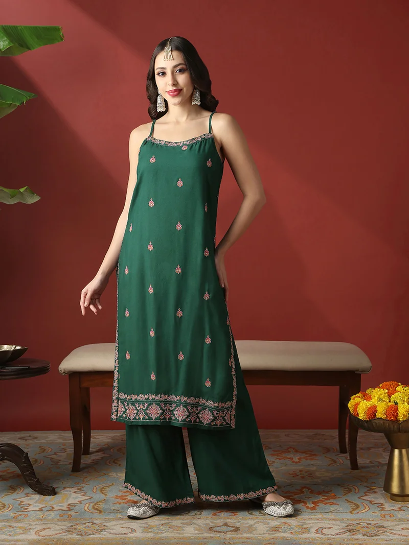 Globus Women Green Round Neck Strappy Shoulder Floral Embroiered Straight Kurta With Wide Leg Pants Festive Set