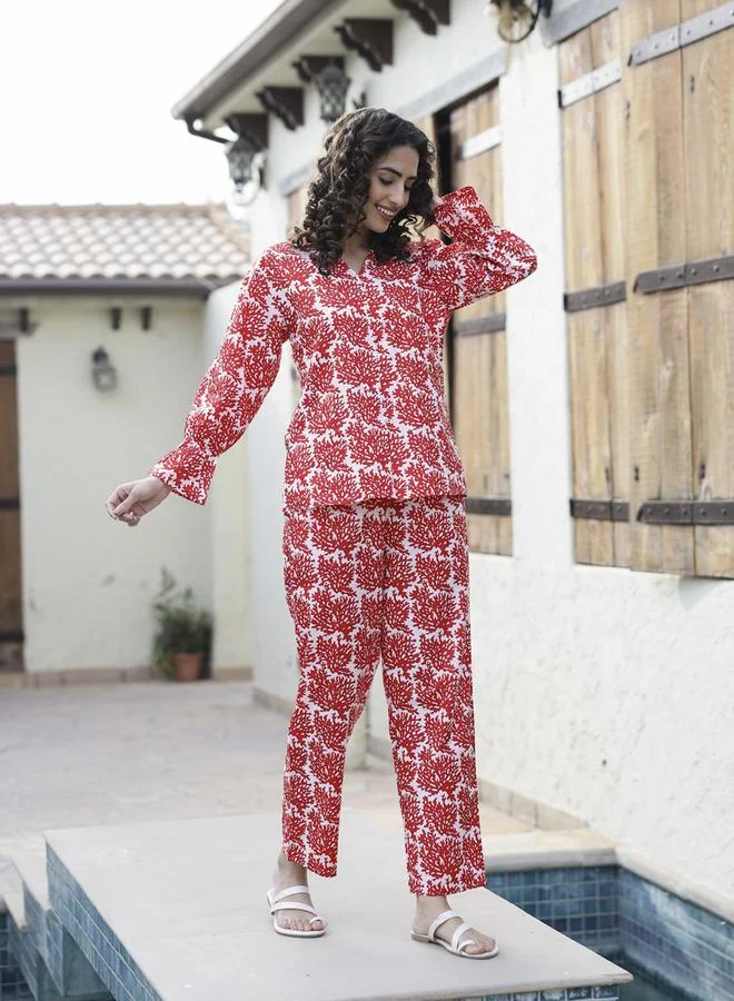 sanskrutihomes Maroon Printed V Neck Cotton Top and Pants Set
