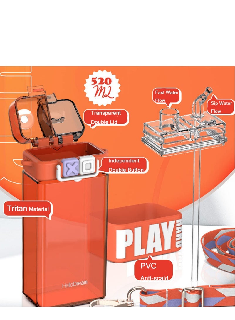 SOLARAE Water Bottles with Straw BPA Free Leak Proof Wide Mouth Auto Flip Cap Secure Lock Carrying Strap Square Bottle School Sports Picnic for Girls & Boys - Image 3