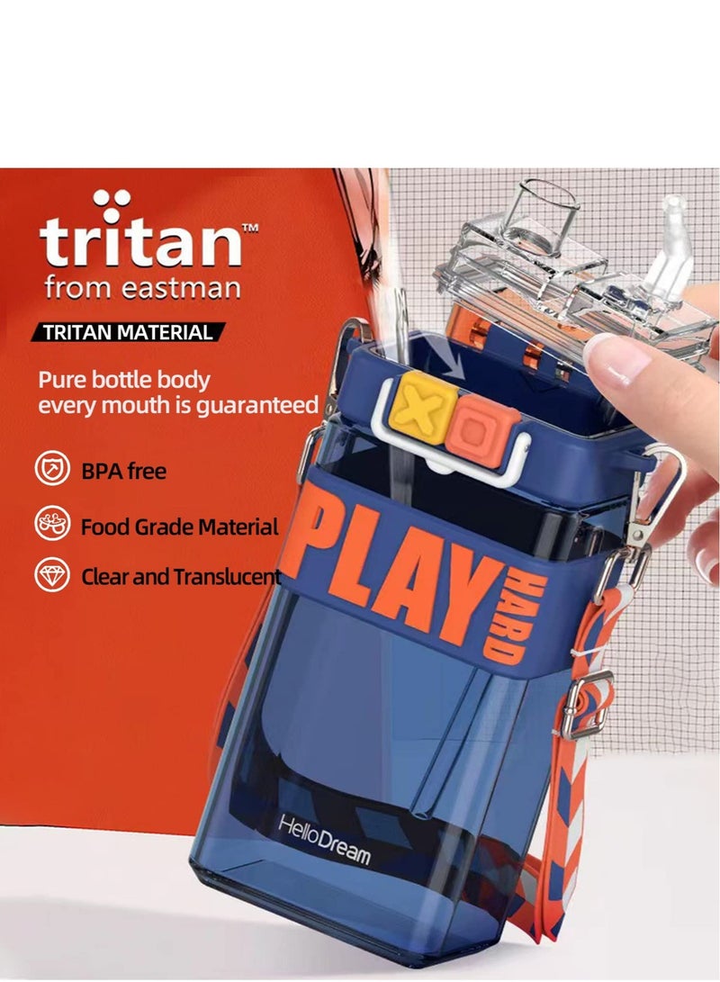 SOLARAE Water Bottles with Straw BPA Free Leak Proof Wide Mouth Auto Flip Cap Secure Lock Carrying Strap Square Bottle School Sports Picnic for Girls & Boys - Image 4