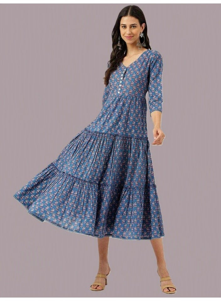 Women's Blue Tiered V-Neck Midi Dress in Pure Cotton with Floral Hand Block Print - Image 1