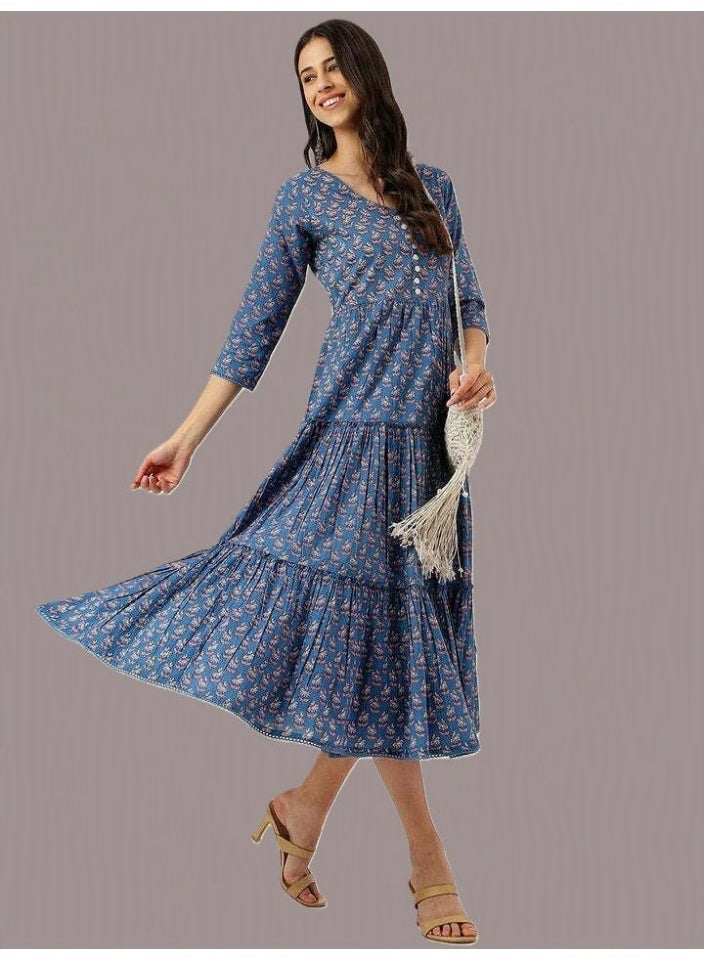 Women's Blue Tiered V-Neck Midi Dress in Pure Cotton with Floral Hand Block Print - Image 4