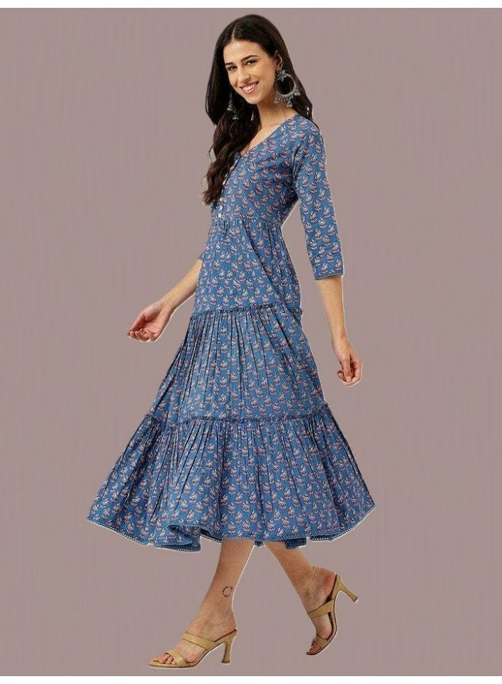 Women's Blue Tiered V-Neck Midi Dress in Pure Cotton with Floral Hand Block Print - Image 5