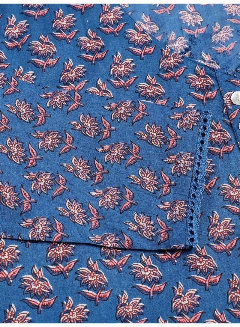 Women's Blue Tiered V-Neck Midi Dress in Pure Cotton with Floral Hand Block Print - Image 3