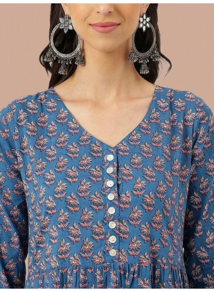 Women's Blue Tiered V-Neck Midi Dress in Pure Cotton with Floral Hand Block Print - Image 2