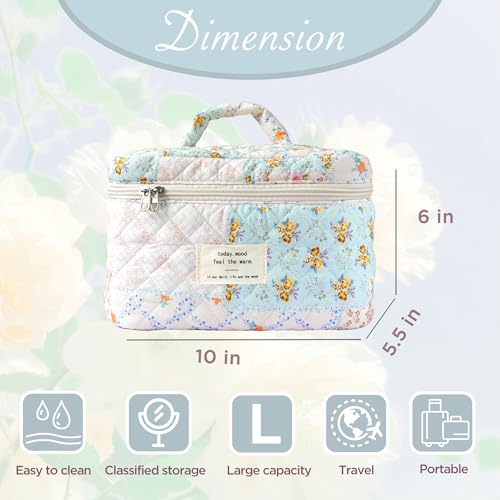 Sminra Makeup Bag Large Travel Quilted Cosmetic Makeup Bag Organizer Floral Cotton Coquette Aesthetic Toiletry Bag for Women Girls Blue Floral CollageL - Image 3