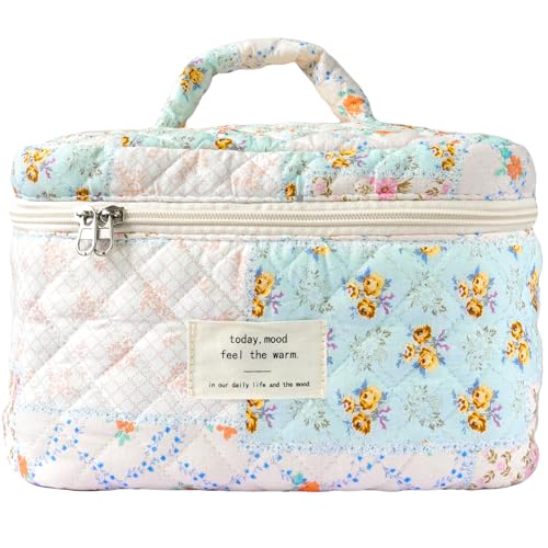 Sminra Makeup Bag Large Travel Quilted Cosmetic Makeup Bag Organizer Floral Cotton Coquette Aesthetic Toiletry Bag for Women Girls Blue Floral CollageL - Image 1