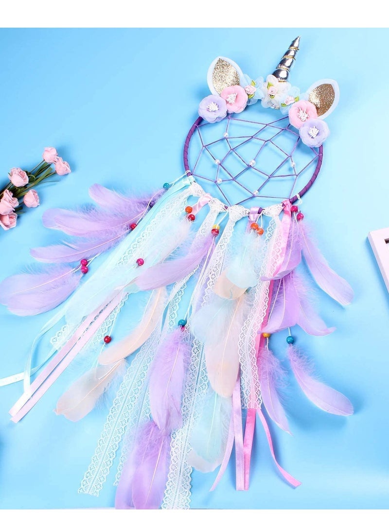 SYOSI Unicorn Dream Catcher Wall Decor C ute Feather Dreamcatcher Wall Hanging for Bedrooms Party Royal Purple Feathers Traditional Crochet Design Feather Tassels Flower - Image 1