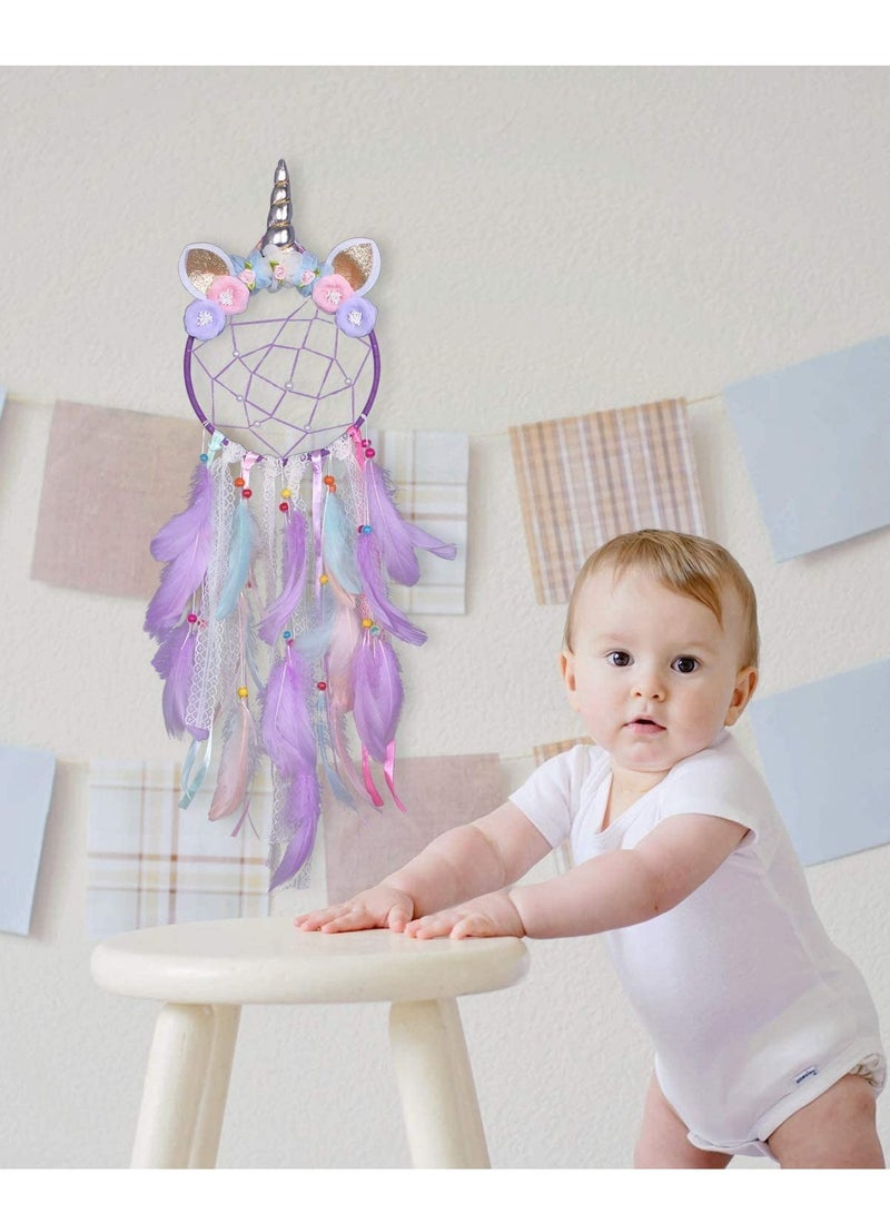 SYOSI Unicorn Dream Catcher Wall Decor C ute Feather Dreamcatcher Wall Hanging for Bedrooms Party Royal Purple Feathers Traditional Crochet Design Feather Tassels Flower - Image 4