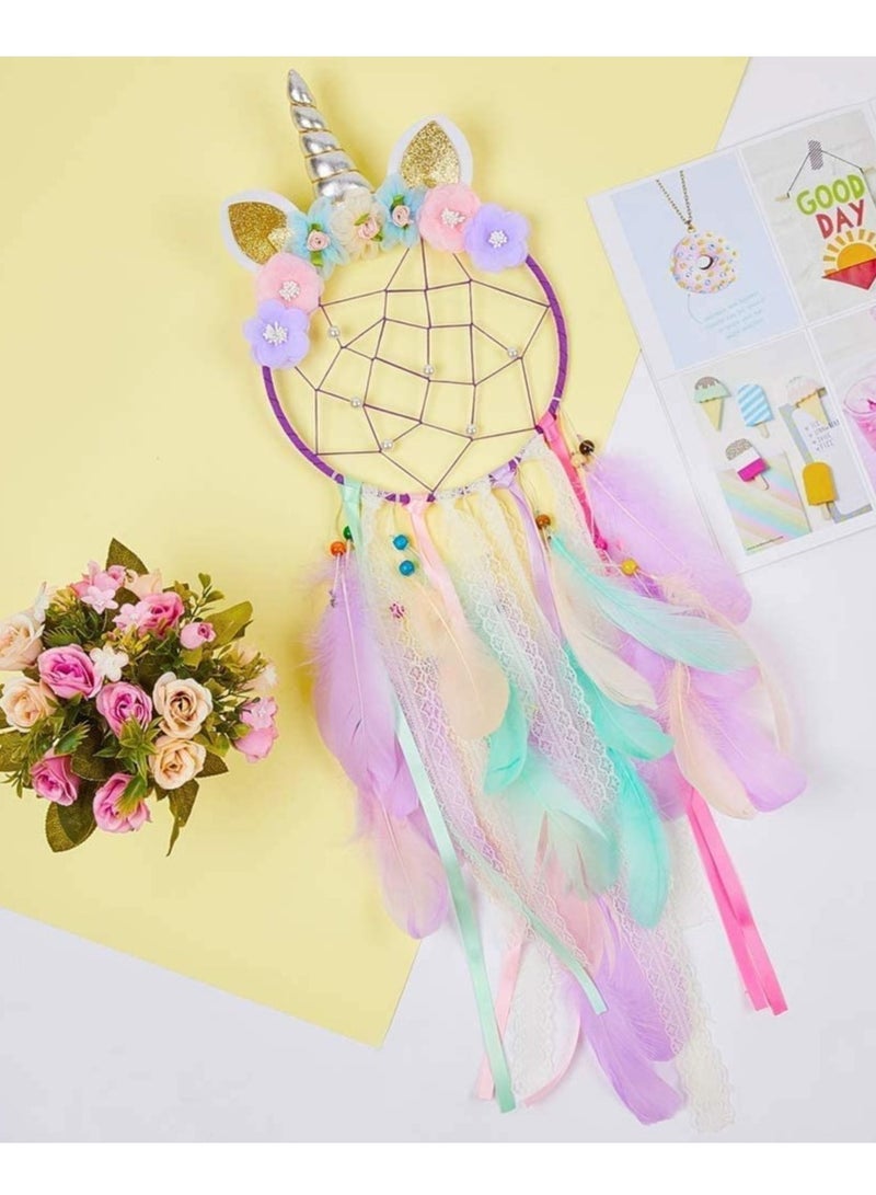 SYOSI Unicorn Dream Catcher Wall Decor C ute Feather Dreamcatcher Wall Hanging for Bedrooms Party Royal Purple Feathers Traditional Crochet Design Feather Tassels Flower - Image 5