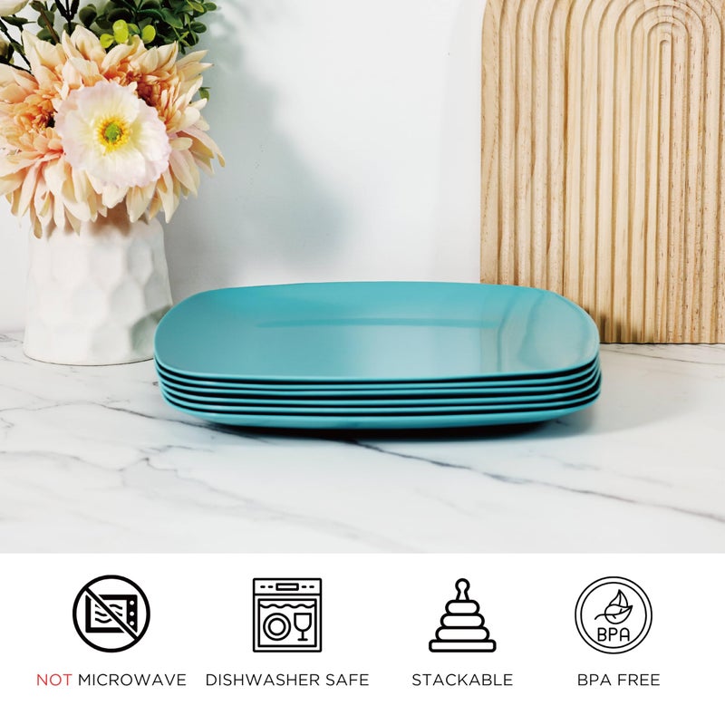 TP 10.5" Melamine Square Dinner Plates, 6-piece Plate Set Unbreakable Serving Dishes for Indoors and Outdoors, Unbreakable Dinner Service for 6 (Teal) - Image 2