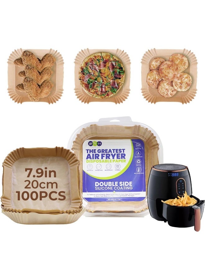 إس إن إتش باكينج 100 قطعة من أوراق الفرن الهوائي القابلة للتخلص منها على شكل مربع، ورق خبيز مقاوم للالتصاق ومانع للزيت للطهي في المقلاة، الفرن الهوائي، الميكروويف، وأفران الغاز، بحجم 7.9 بوصة (100 قطعة، مربع 20 سم - 7.9 بوصة) - Image 1