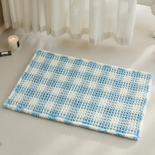 TYUU Waffle Bath Mat, Boho Bathroom Rugs Non Slip Washable Absorbent Checkered Bathroom Mat Quick Dry Cute Bath Mat, 30"x20" Blue and White - Image 1