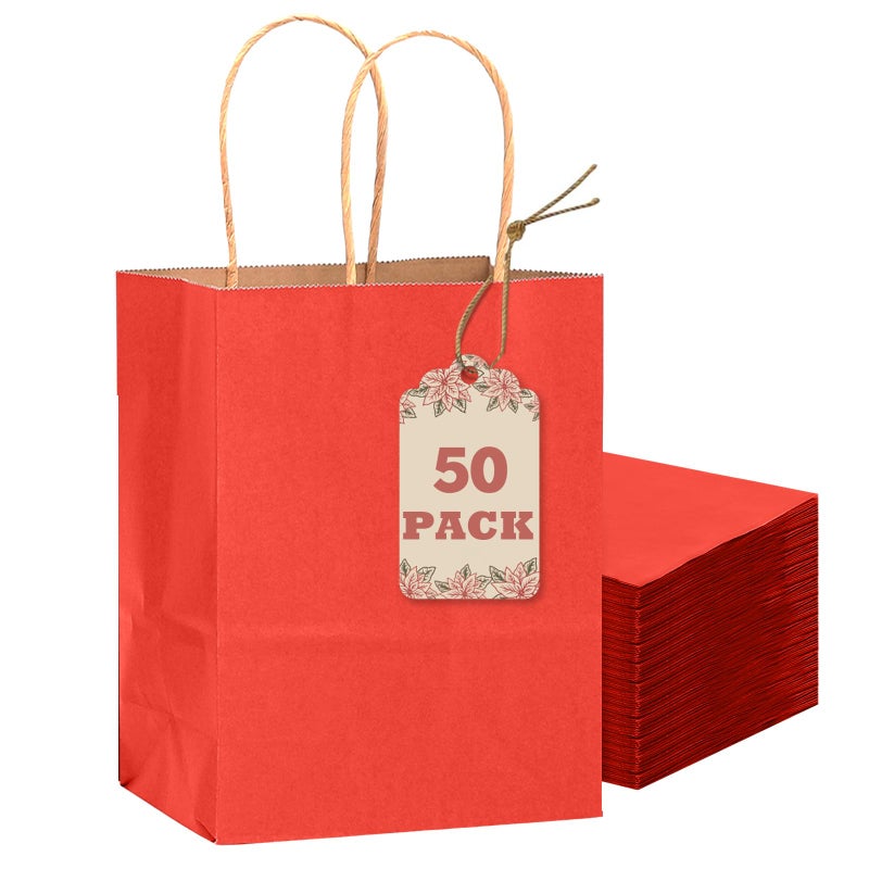 qiqee 50-Packs Gift Bag with Handles Bulk Kraft Red Paper Bags Multiple Uses (8.3"x3"x6"inch Small Size) - Image 1