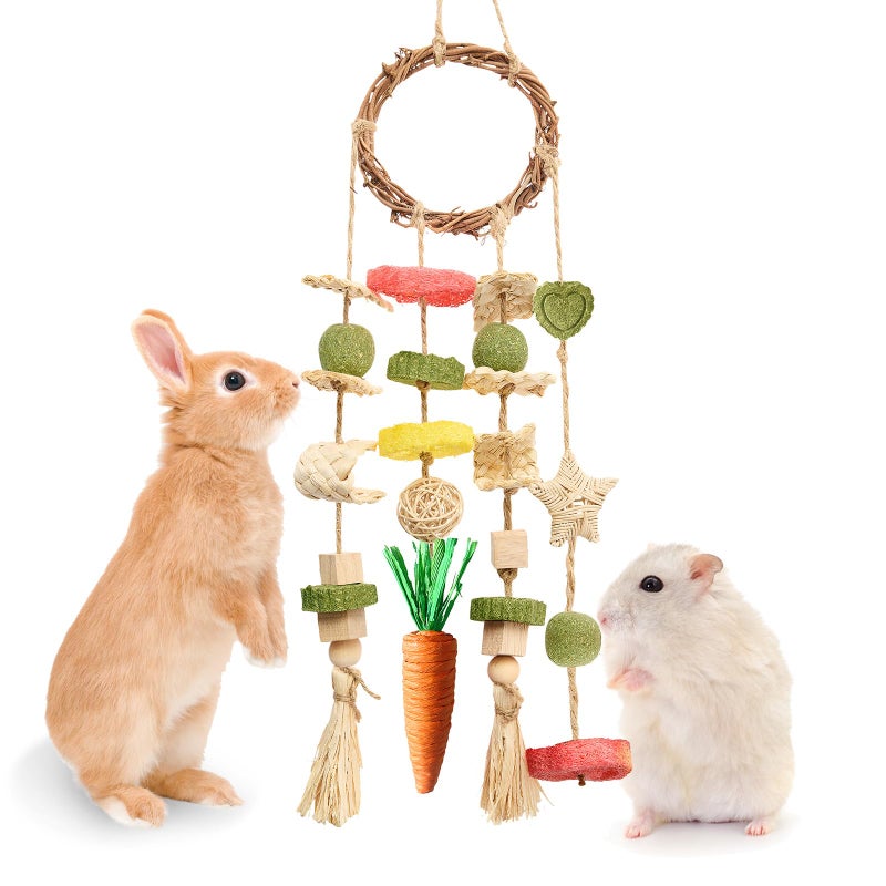 Jorewood Rabbit Chew Toys Bunny Cage Hanging Toy and Treats Rattan Ring with Snacks for Rodent Pets Teeth Healthy - Image 2