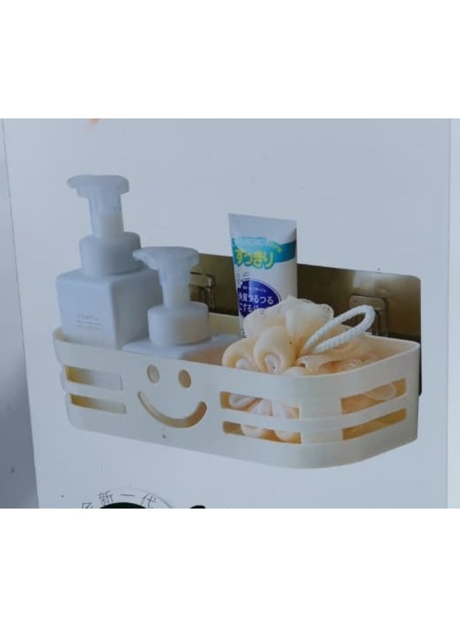 Wall Mounted Bathroom Organizer Shelf, Adhesive Shower Caddy Rack, No Drill Storage Holder with Strong Tape for Shampoo Soap Toothbrush, Smiley Face Drainage Basket