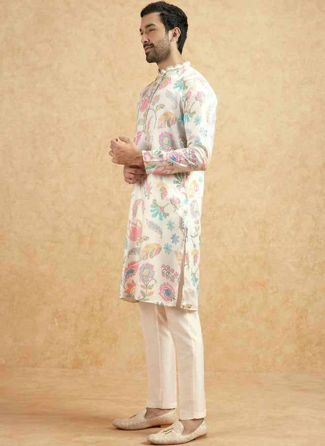 KISAH Men Floral Printed Thread Work Kurta - Image 2