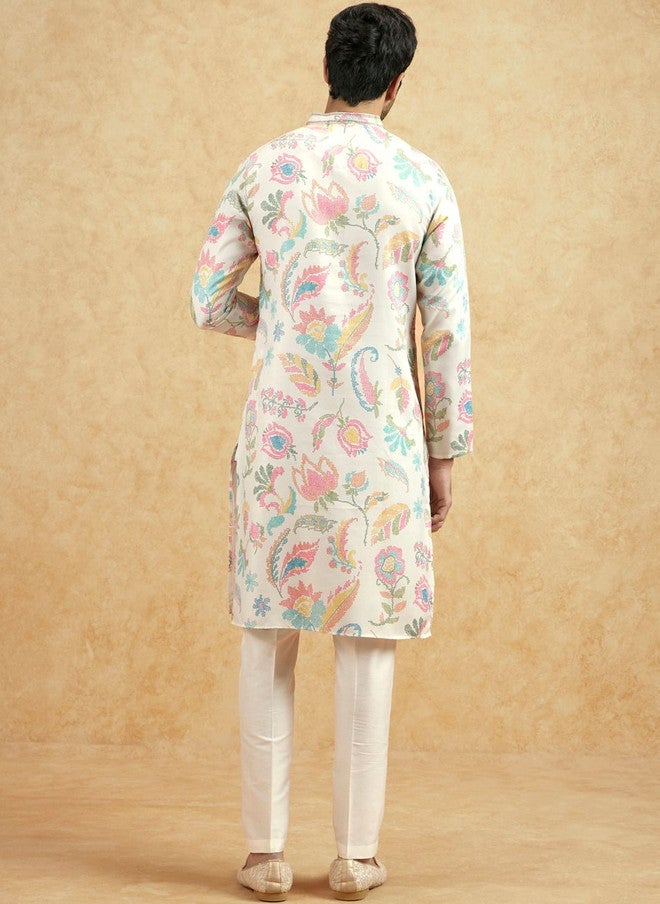 KISAH Men Floral Printed Thread Work Kurta - Image 5
