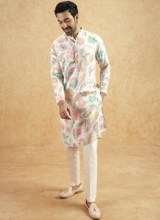 KISAH Men Floral Printed Thread Work Kurta - Image 3