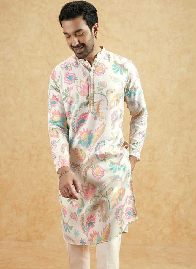 KISAH Men Floral Printed Thread Work Kurta - Image 1