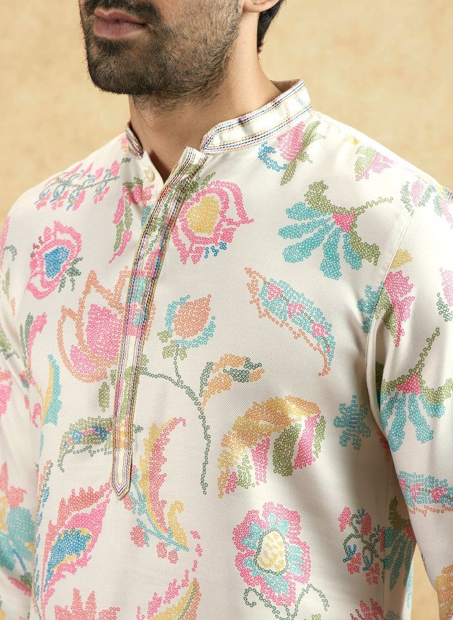 KISAH Men Floral Printed Thread Work Kurta - Image 4