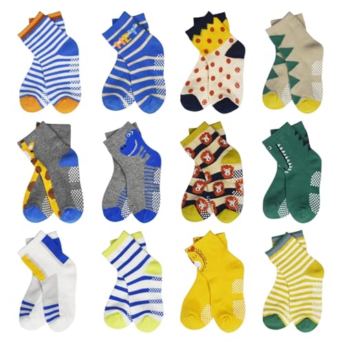 HYCLES Anti Slip Toddler Socks, 12 Pairs Non-Skid Cotton Grip Kid Socks for 1-3T Kids Boy Girl - Image 1