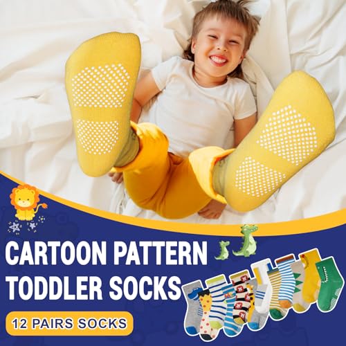 HYCLES Anti Slip Toddler Socks, 12 Pairs Non-Skid Cotton Grip Kid Socks for 1-3T Kids Boy Girl - Image 2