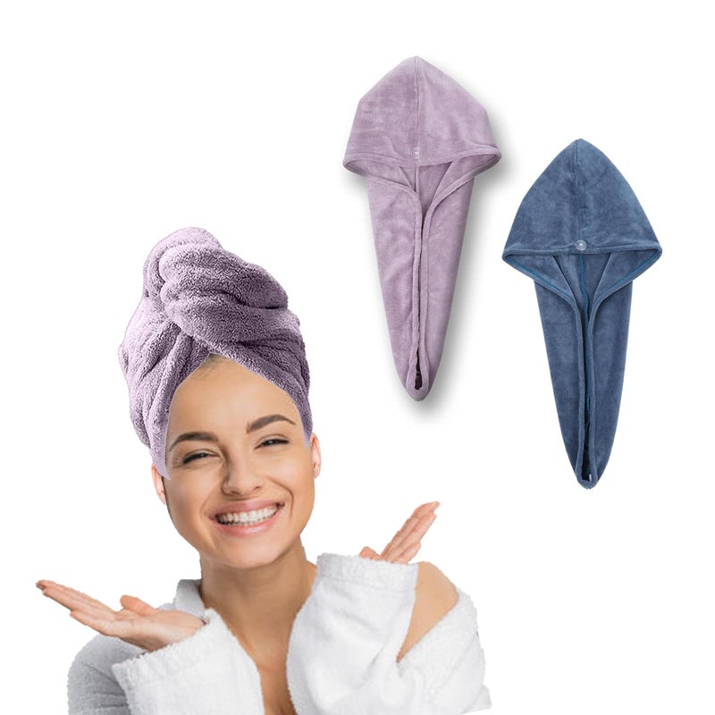 HOUSSE Microfibre Head Towels | 450 GSM High Absorbent Hair Wrap with Adjustable Buttons for Girls | Super Soft & Quick Dry Wrap Towel for Hairs | Set of 2 | 25x65 cm (Nirvana Purple & Indian Teal) - Image 1