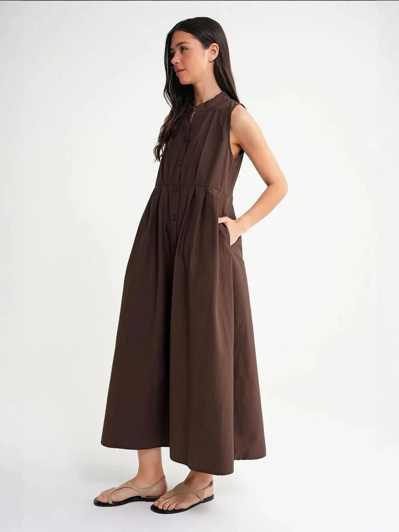 MixRay Coffee Brown Mixray Buttoned Tippet Collar Maxi Dress for Women | Best Price UAE